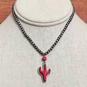Red Saguaro Cactus and Navajo Style Pearl Necklace